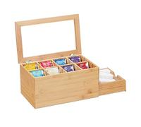 Relaxdays Caja Té Bambú, Compartimentos Ajustables, con Ventana y Cajón, Organizador Bolsas Té 14,5x31x19 cm, Natural