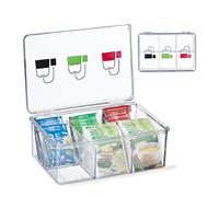 Relaxdays Caja Té, Plástico, 6 Compartimentos, 9 x 21,5 x 15 cm, Cajita Organizadora Bolsas Infusiones, Transparente