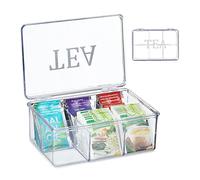 Relaxdays Caja Té, Plástico, 6 Compartimentos, 9 x 21,5 x 15 cm, Cajita Organizadora Bolsas Infusiones, Transparente