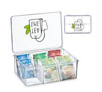 Relaxdays Caja Té, Plástico, 6 Compartimentos, Transparente | 9 x 21,5 x 15 cm, Cajita Organizadora Bolsas Infusiones