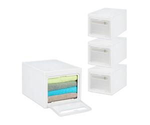 Relaxdays Cajas de Almacenaje Apilables en Set de 4, Cestas de Plástico, 31L, con Tapa y Puerta Semitransparente, Blanco