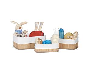 Relaxdays Cajas de almacenaje, Set de Tres, Funda Textil, Rectangular, Accesorio, Baúles, Bambú, Marrón Claro