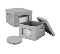 Relaxdays Cajas para guardar platos, set de 2, 12 insertos de fieltro, gris | asas, ventana, 20,5x30,5x30,5 cm
