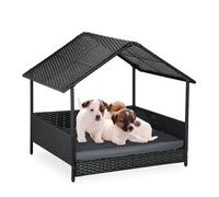 Relaxdays Cama Elevada para Perros con Techo, 81x90x68 cm, Poliratán, Tumbona para Mascotas con Cojín, Exterior, Gris, Plástico, Acero, Poliéster