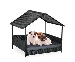 Relaxdays Cama Elevada para Perros con Techo, 81x90x68 cm, Poliratán, Tumbona para Mascotas con Cojín, Exterior, Gris