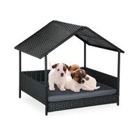 Relaxdays Cama Elevada para Perros con Techo, 81x90x68 cm, Poliratán, Tumbona para Mascotas con Cojín, Exterior, Gris