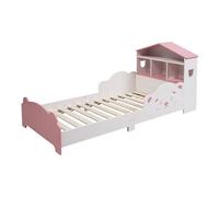 Relaxdays Cama Infantil 70x140 cm, casa-estantería, Protector anticaídas, diseño Ositos, Blanco/Rosa, 65x75x161 cm