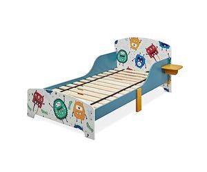 Relaxdays Cama Infantil con Estante, Baja, Somier Láminas, Barandillas, Diseño Monstruos, MDF, 60x94x143 cm, Multicolor