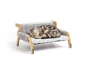 Relaxdays Cama para Gatos de Felpa, Gris/Natural | hamaca elevada con estructura de pino, 28,5x53x45,5 cm