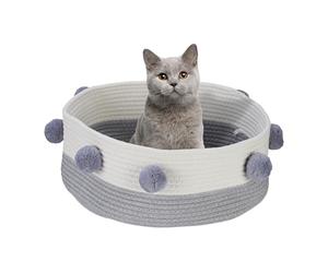 Relaxdays Cama para Gatos y Perros Pequeños, 16,5 x 41 cm, Pompones, Algodón, Cesta Tejida para Gatitos, Gris/Blanco