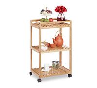 Relaxdays 10029398 Camarera de 3 Pisos, Carrito Cocina, Carro Auxiliar Bambú con Ruedas Plástico, 77 x 47 x 32,5 cm, Marrón