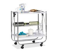 Relaxdays Camarera Plegable para Cocina con 4 Ruedas, Cesto de Rejilla y 2 Baldas, Acero, Blanco, 68,5 x 68 x 40,5 cm