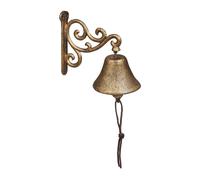Relaxdays Gusseisen Türglocke Campana Pared Arabescos Retro, Hierro Fundido, Diseño Envejecido, con Cuerda, Timbre para Exterior, Dorado, 15,5 x 10 x 17,5 cm Aprox