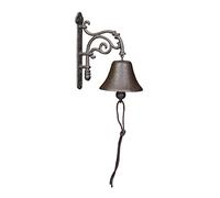 Relaxdays Campana Pared Adornos Curvos, Hierro Fundido, Envejecida, Timbre Jardín Retro, con Cuerda, Exterior, Marrón