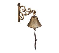 Relaxdays Campana Pared Arabescos Retro, Hierro Fundido, Diseño Envejecido, con Cuerda, Timbre para Exterior, Dorado