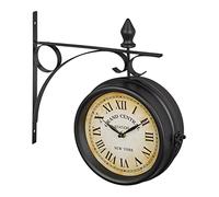 Relaxdays Cara, Color Negro Reloj Pared Doble Esfera, Estilo Estación Tren, Analógico, a Pila, Decoración Vintage, 33x34x10 cm, Hierro