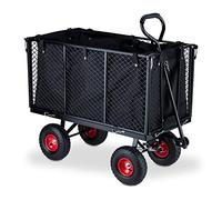 Relaxdays Carro Carretilla Mano, Carreta Jardín Grande, Laterales Plegables, Tela Extraíble, con Asa, hasta 500 kg, Negro/Rojo, Acero, 83 x 51 x 110 cm