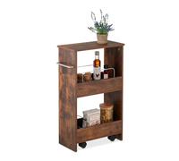 Relaxdays Carrito Auxiliar, 3 Estantes, Estantería Estrecha Cocina y Baño, 66,5x42x20 cm, con Ruedas, Marrón, Hierro
