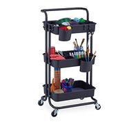 Relaxdays Carrito Auxiliar, 3 Niveles, 2 Frenos, Multiusos para Cocina y Oficina, Camarera 86 x 43 x 42 cm, Metal, Negro, Acero