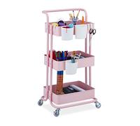 Relaxdays Carrito Auxiliar, 3 Niveles, 2 Frenos, Multiusos para Cocina y Oficina, Camarera 86x38x39 cm, Metal, Rosa, Acero