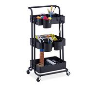 Relaxdays Carrito Auxiliar, 3 Niveles, 2 Frenos, Multiusos para Cocina y Oficina, Camarera 86x38x39 cm, Metal, Negro, Fieltro