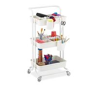 Relaxdays Carrito Auxiliar, 3 Niveles, 2 Frenos, Multiusos para Cocina y Oficina, Camarera 86x43x34 cm, Metal, Blanco