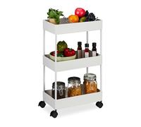 Relaxdays Carrito Auxiliar, 3 Niveles, Multiusos Cocina y Oficina, Camarera 65,5 x 40 x 22 cm, Metal y Plástico, Blanco, Acero Inoxidable