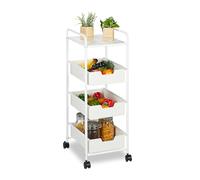 Relaxdays Carrito Auxiliar, 3 Niveles y Balda, Multiusos Cocina y Oficina, Camarera 85,5x32,5x40 cm, Plástico, Blanco, Acero Inoxidable