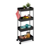 Relaxdays Carrito Auxiliar, 4 Niveles, 93 x 40 x 22 cm, 4 Ruedas, Baño, Cocina, Metal y Plástico, Carro Estrecho, Negro