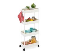 Relaxdays Carrito Auxiliar, 4 Niveles, 93 x 40 x 22 cm, 4 Ruedas, Baño, Cocina, Metal y Plástico, Carro Estrecho, Blanco