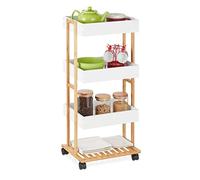 Relaxdays Carrito Auxiliar, Bambú y MDF, Carro 4 Niveles, Camarera, Cocina y Baño, 88x40x30 cm, Natural/Blanco, Tablero de Fibras