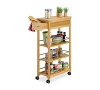 Relaxdays Carrito Auxiliar Cocina, Camarera con Ruedas, 3 Estantes, Bambú, 86,5 x 25 x 50,5 cm, Natural y Plateado, Plástico, Acero Inoxidable