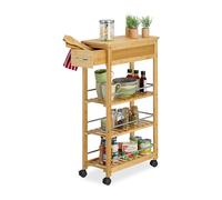 Relaxdays Carrito Auxiliar Cocina, Camarera con Ruedas, 3 Estantes, Bambú, 86,5 x 25 x 50,5 cm, Natural y Plateado