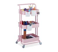 Relaxdays Carrito Auxiliar, 3 Niveles, 2 Frenos, Multiusos para Cocina y Oficina, Camarera 86x38x39 cm, Metal, Rosa