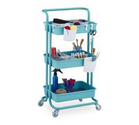 Relaxdays Carrito Auxiliar, 3 Niveles, Multiusos para Cocina y Oficina, Camarera 86x43x34 cm, Metal y Plástico, Turquesa, Acero