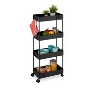 Relaxdays Carrito Auxiliar, 4 Niveles, 93 x 40 x 22 cm, 4 Ruedas, Baño, Cocina, Metal y Plástico, Carro Estrecho, Negro