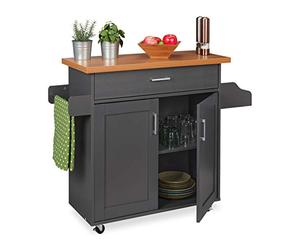 Relaxdays Carrito Auxiliar con Encimera, Cajón, 2 Compartimentos, Barra para Paños, Cajonera con Ruedas, Gris y Natural