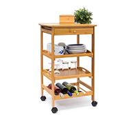 Relaxdays Carrito Auxiliar con Ruedas, 80,5x50x37cm, Verdulero, Carro Cocina, Cajón y 2 Estantes, Bambú, Marrón Natural