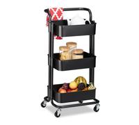 Relaxdays Carrito Auxiliar, 3 Pisos, 2 Frenos, Carro Multiusos Cocina, Baño, Oficina, Metal, 84x42x37 cm, Negro