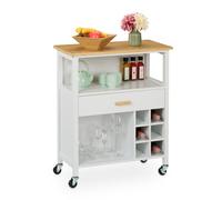Relaxdays Carrito Auxiliar de Cocina, Botellero, para 6 Botellas, Cajón, 2 Espacios, 80x65x35 cm, Bambú, Blanco/Natural, Tablero de Fibras, Plástico