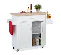 Relaxdays Carrito Auxiliar de Cocina, Camarera con Encimera y Cajón, 2 Compartimentos, 90x114,5x39,5 cm, Blanco/Natural, Tablero de Fibras