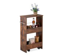 Relaxdays Carrito Auxiliar, 3 Estantes, Estantería Estrecha Cocina y Baño, 66,5x42x20 cm, con Ruedas, Marrón, Hierro