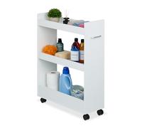 Relaxdays Carrito Auxiliar Estrecho, 3 Compartimentos, 78 x 21,5 x 63 cm, Carro Baño y Cocina, con Mango, MDF, Blanco, Acero, Plástico, Tablero de Fibras