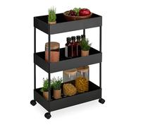 Relaxdays Carrito Auxiliar Ruedas, Carro Cocina 3 Niveles, Camarera, Verdulero, Baño y Oficina, 65x39,5x21,5cm, Negro