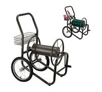 Relaxdays Carrito Carro Portamangueras, hasta 90 m, Acoplamiento por Clic, 2 Neumáticos, Cesta, Soporte Mangueras Metal, Marrón, Caucho, 100 x 58 x 88 cm
