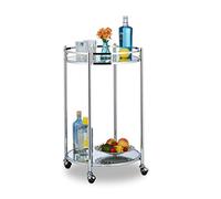 Relaxdays Carrito Cocina con Ruedas, Camarera 2 Baldas Redondas, Carro Auxiliar Acero, Espejado, 75 x 50 cm, Plateado, Vidrio