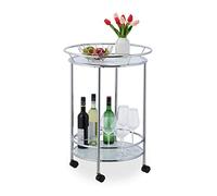 Relaxdays Carrito Cocina con Ruedas, Camarera 2 Baldas Redondas, Carro Auxiliar Vidrio y Metal, 77x56cm, Plateado/Blanco, Hierro