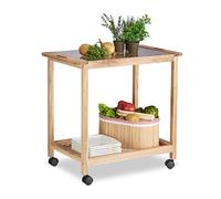 Relaxdays Carrito Cocina de 2 Niveles con Placa de Cristal, Madera de Nogal, Marrón, 62 x 66 x 38 cm