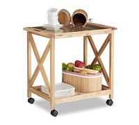 Relaxdays Carrito Cocina de 2 Niveles con Placa de Vidrio, Marrón, Madera de Nogal, 63 x 66,5 x 38 cm