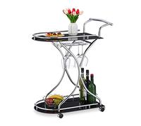 Relaxdays Carrito Cocina, Ruedas, Camarera 2 Baldas, Botellero, Soporte Copas, Vidrio, Metal, 88x76x49cm, Negro/Plateado